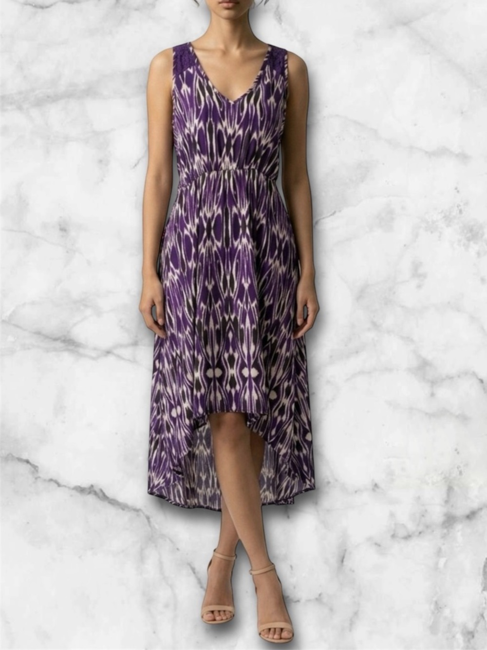 Express High-Low Maxi Dress Purple Ikat Print Lace Back Cutout V-Neck Size M - Picture 9 of 14